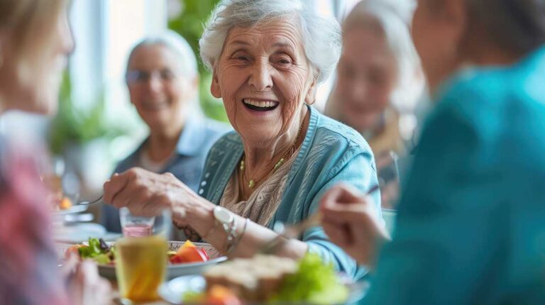 Assisted living staff helping an older adult with a daily activity in a comfortable community setting.